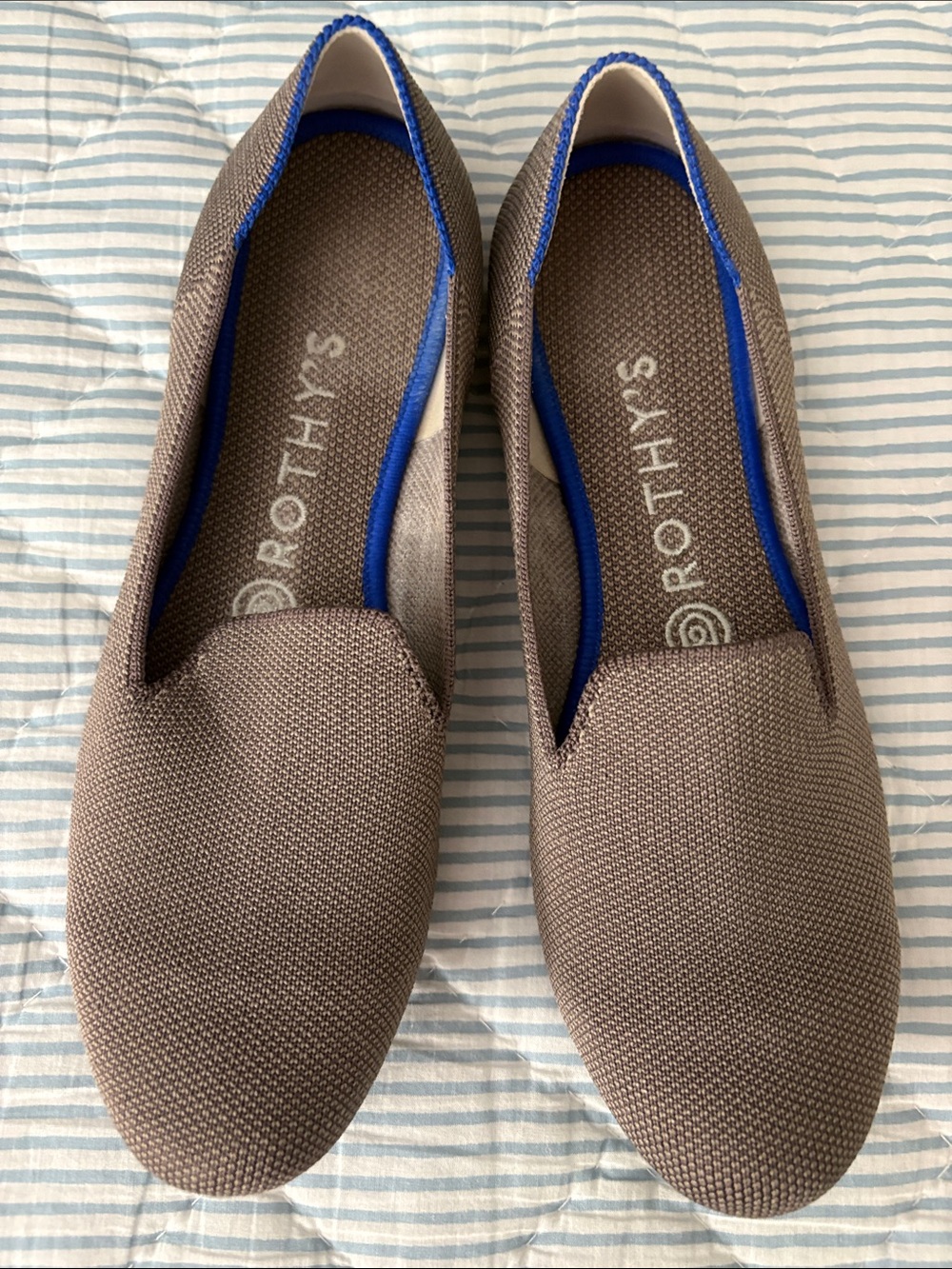 Rothy's Taupe Knit Flats with Blue Trim